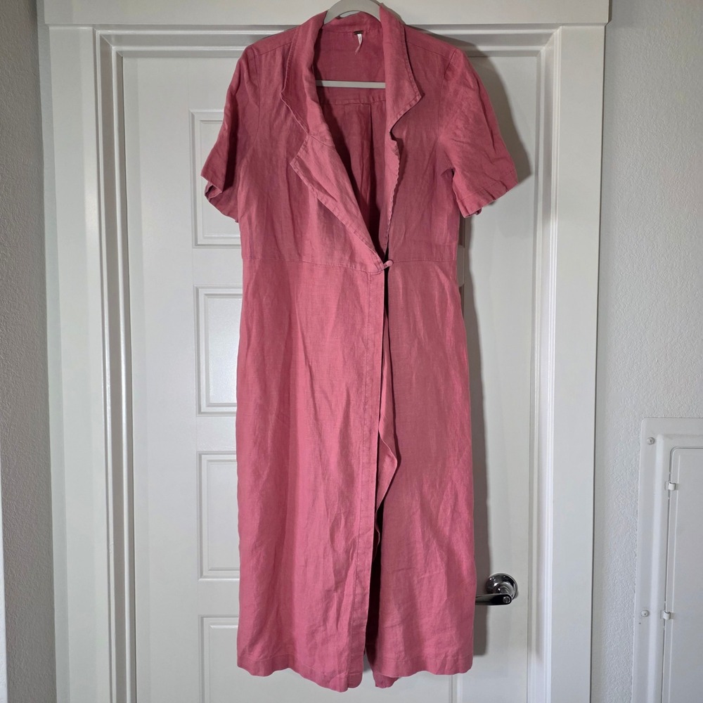 Free People Rose Pink Linen Wrap Midi Dress Short Sleeve Size M